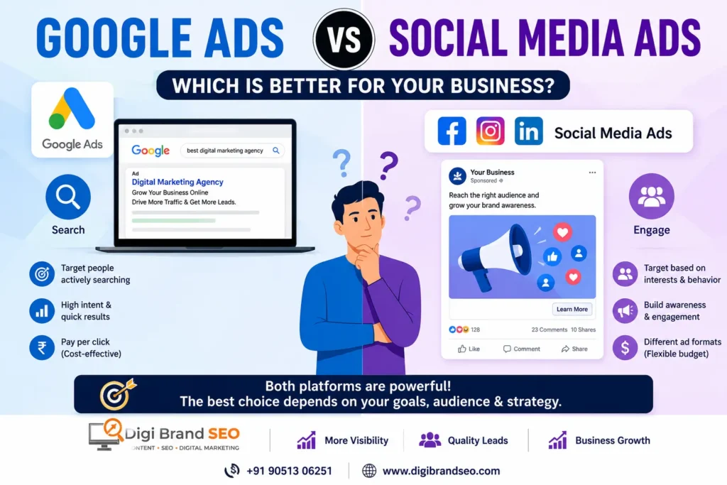 Google Ads vs Social Media Ads comparison for business marketing by DigiBrand SEO